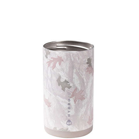 HydroJug Standard Can Cooler in camo demonstrates a secure lid for spill-free transport.