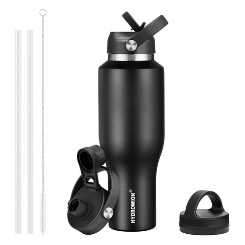 HYDROWION 40oz bottle front view showing slim design for cup holder fit