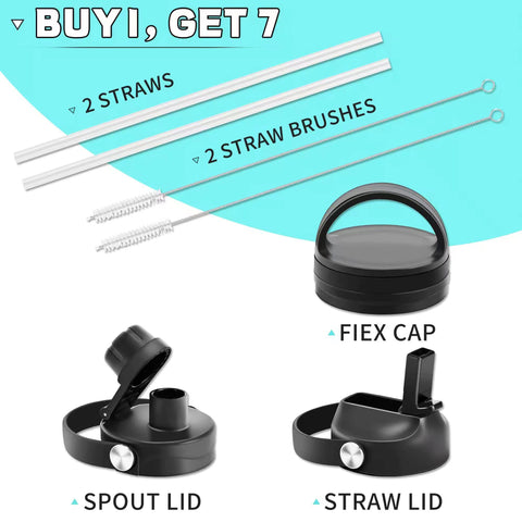 HYDROWION triple-lid system shown with straw, spout, and flex caps for versatile sipping.