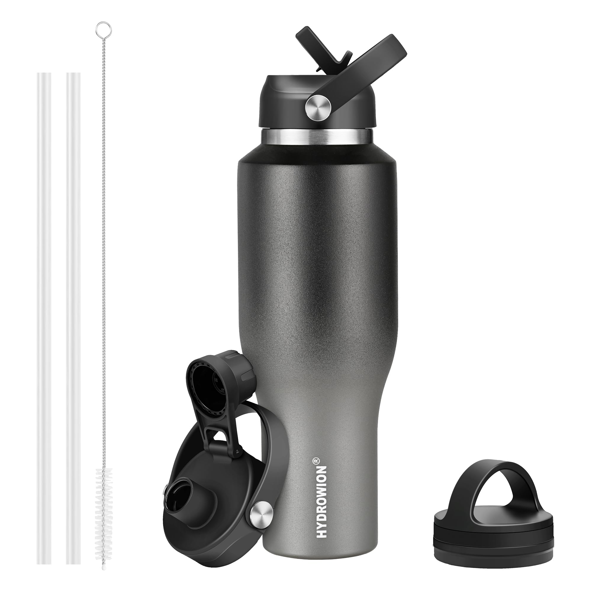 Hydrowion water bottle with slim design fits most cup holders for easy travel.