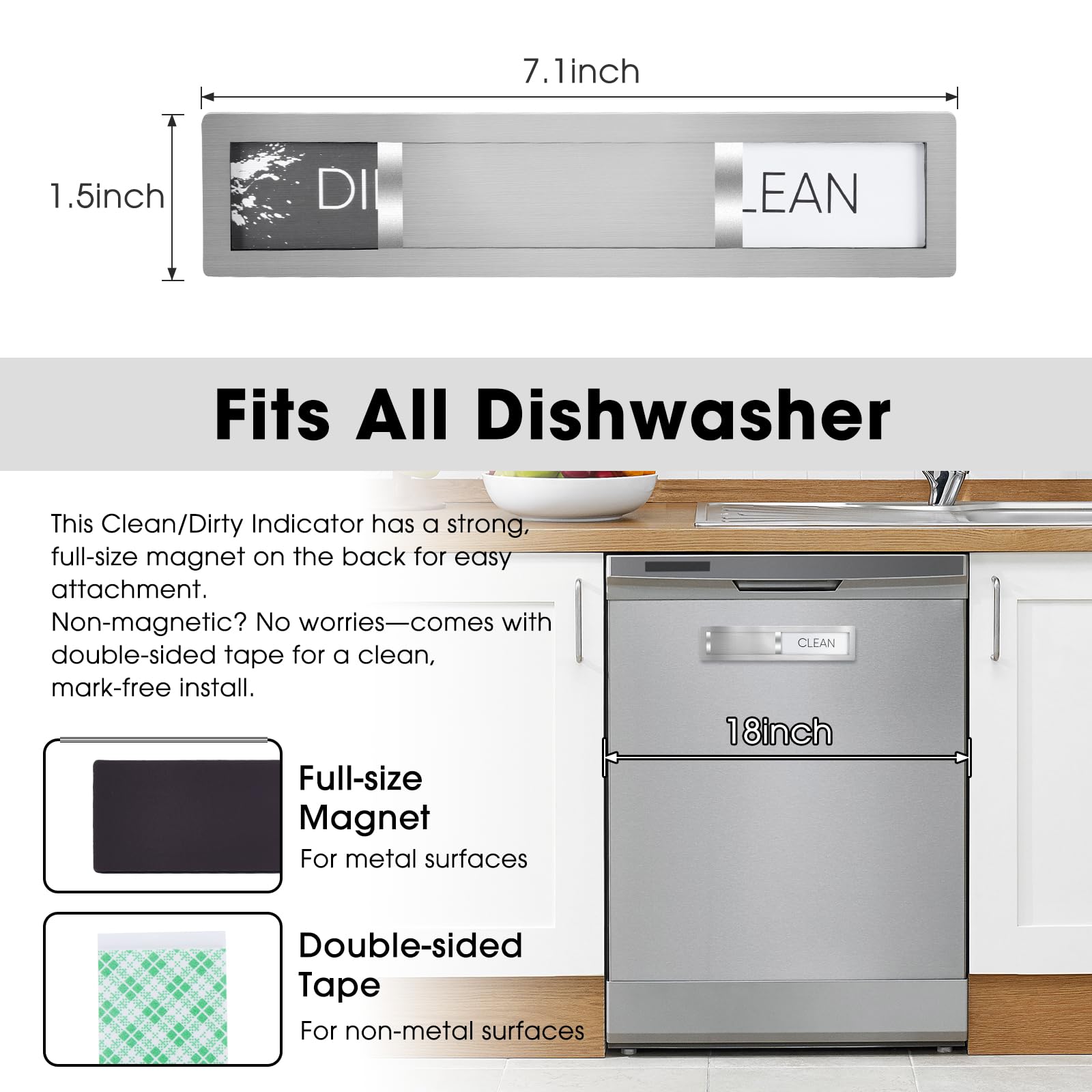 HYF DESIGN stainless steel magnet showing clear Clean/Dirty labels against contrast
