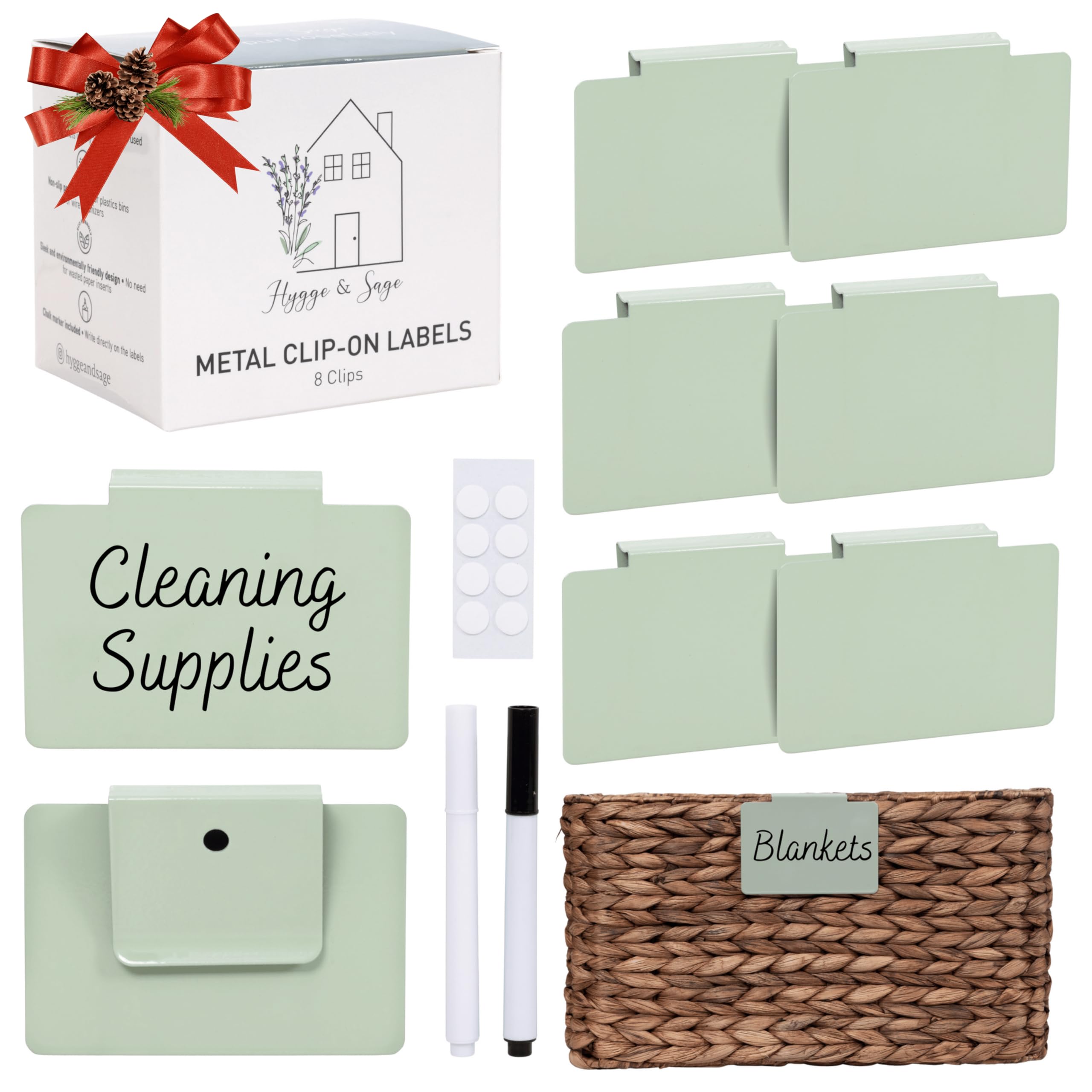Hygge & Sage clip-on metal basket labels for sturdy, organized storage.