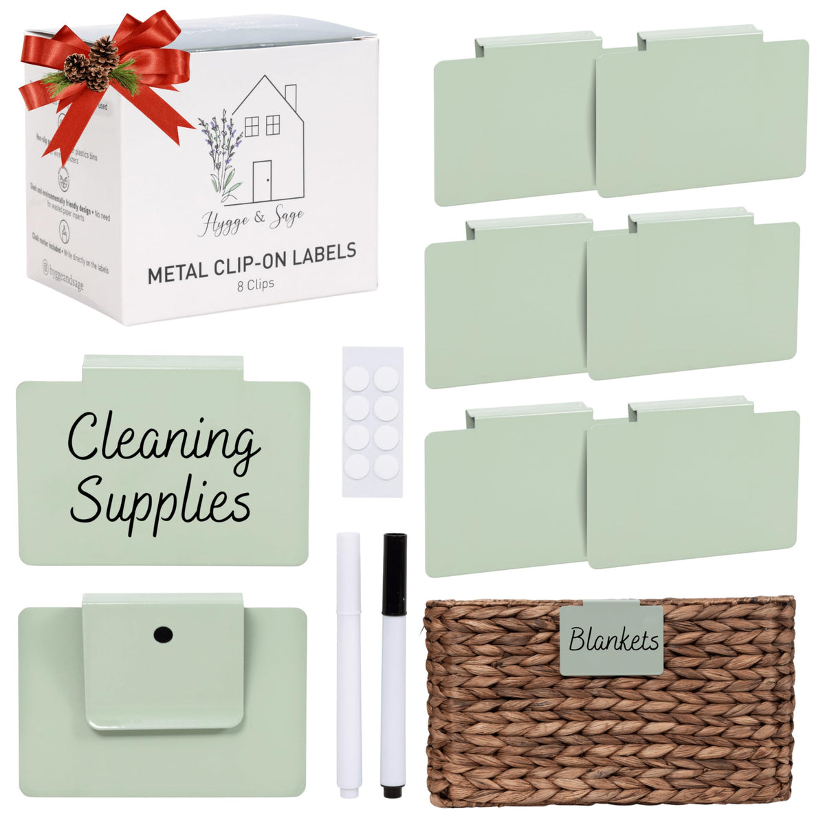 Hygge & Sage clip-on metal basket labels for sturdy, organized storage.