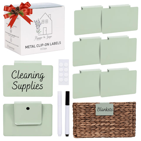 Hygge & Sage clip-on metal basket labels for sturdy, organized storage.