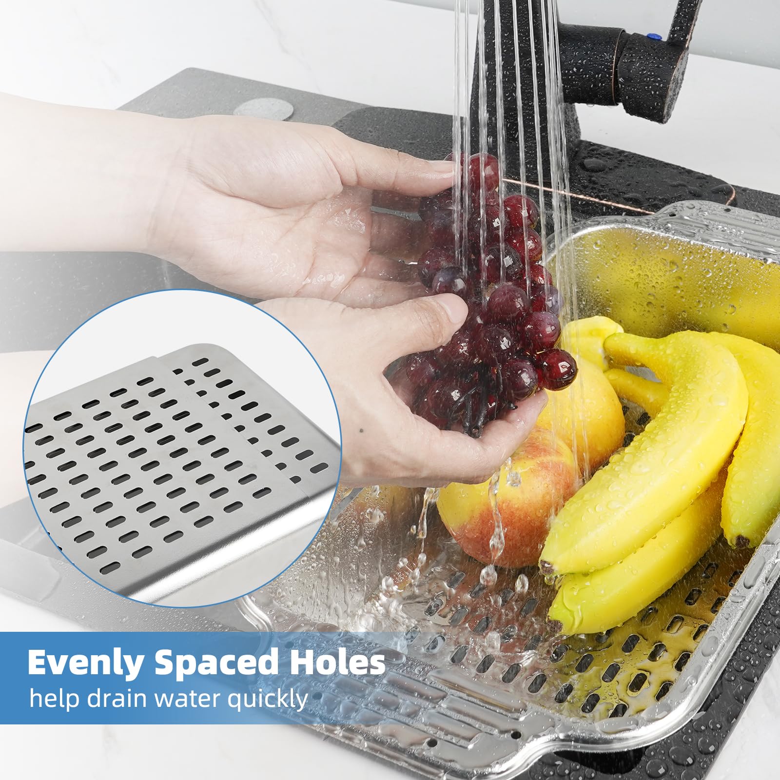 Hygie Rinse dishwasher-safe metal colander for convenient cleanup.