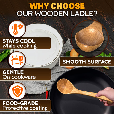 HYQO wooden ladle with hook handles for space-saving storage