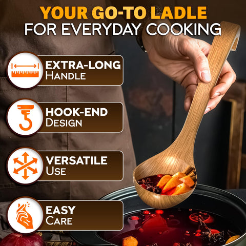 HYQO wooden ladle lacquered surface cleans easily after cooking