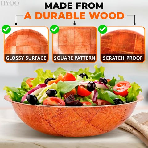 HYQO wood salad bowls highlighting versatility for pasta and fruit.