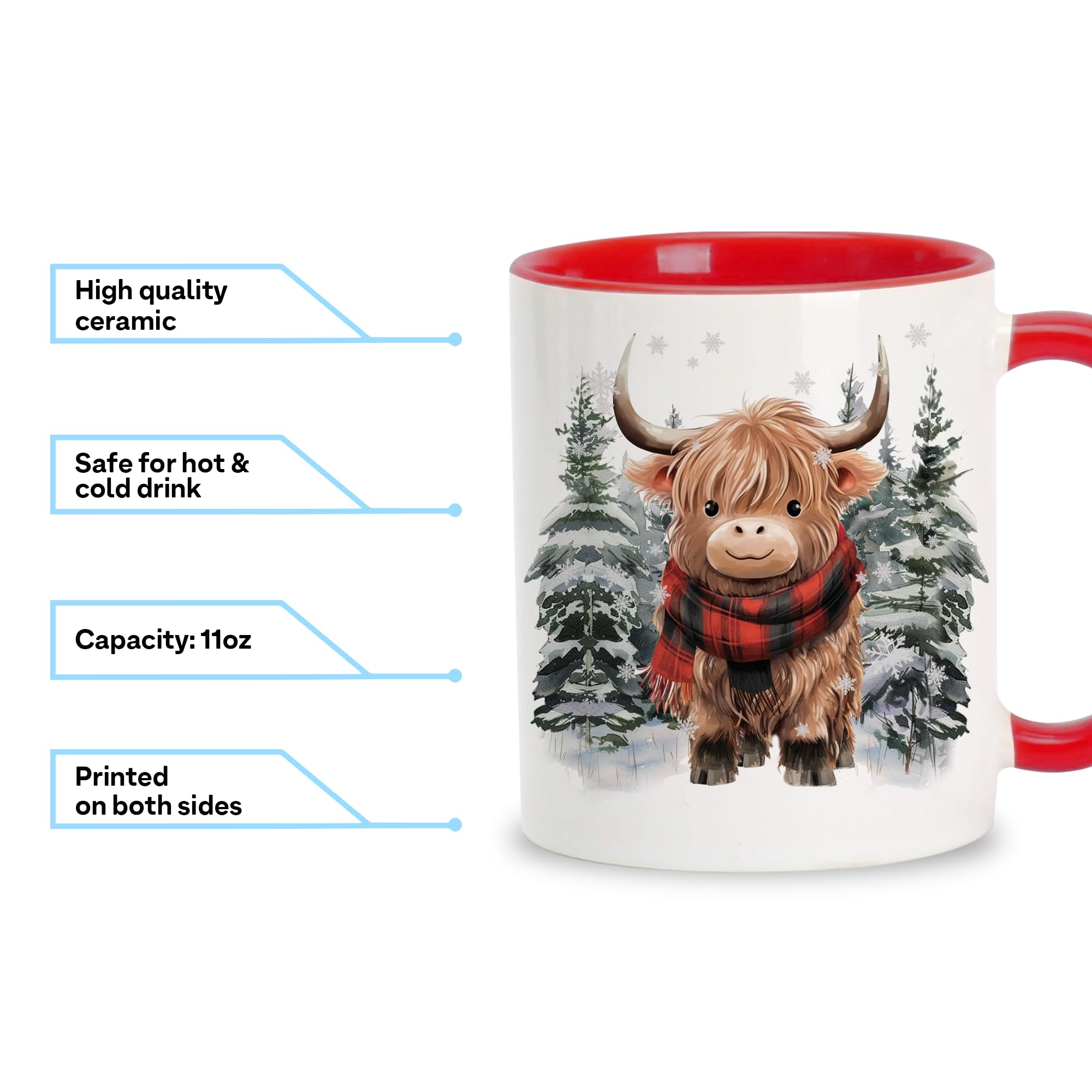 Hyturtle ceramic mug with scarf design, highlighting Highland cow motif.
