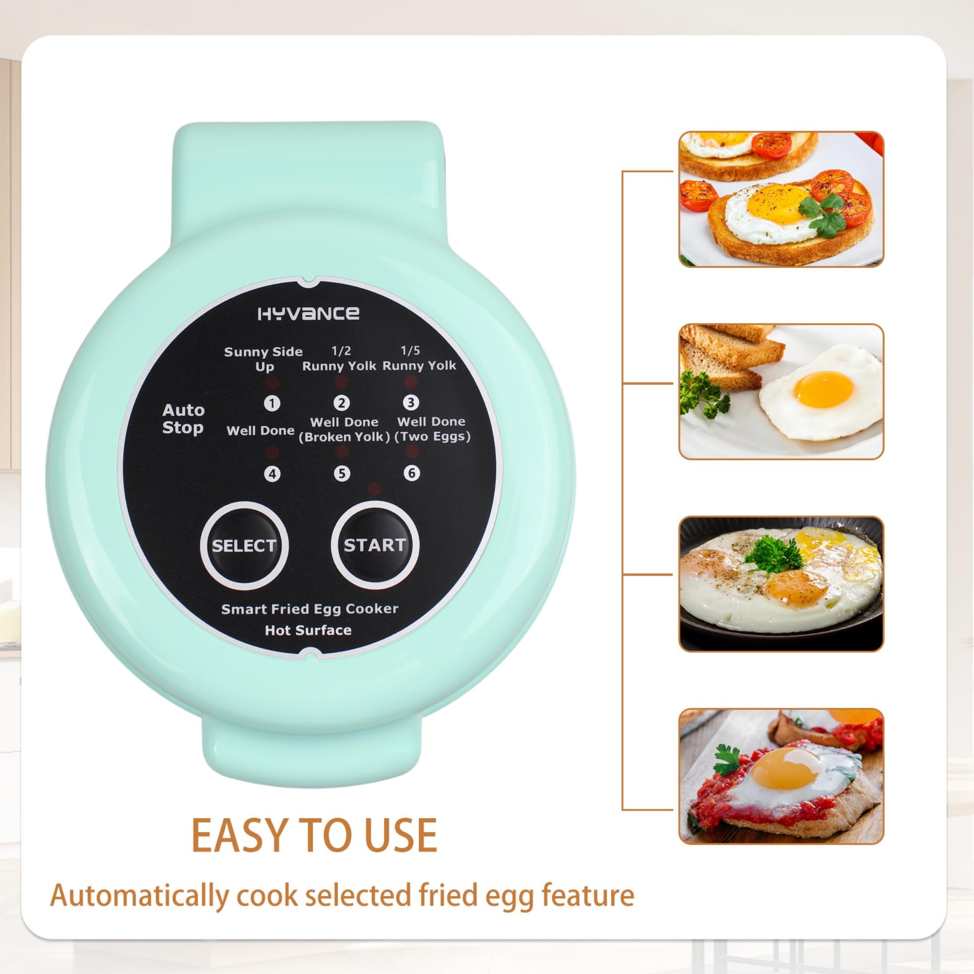 Hyvance Smart Fried Egg Cooker control panel close-up with yolk style options.
