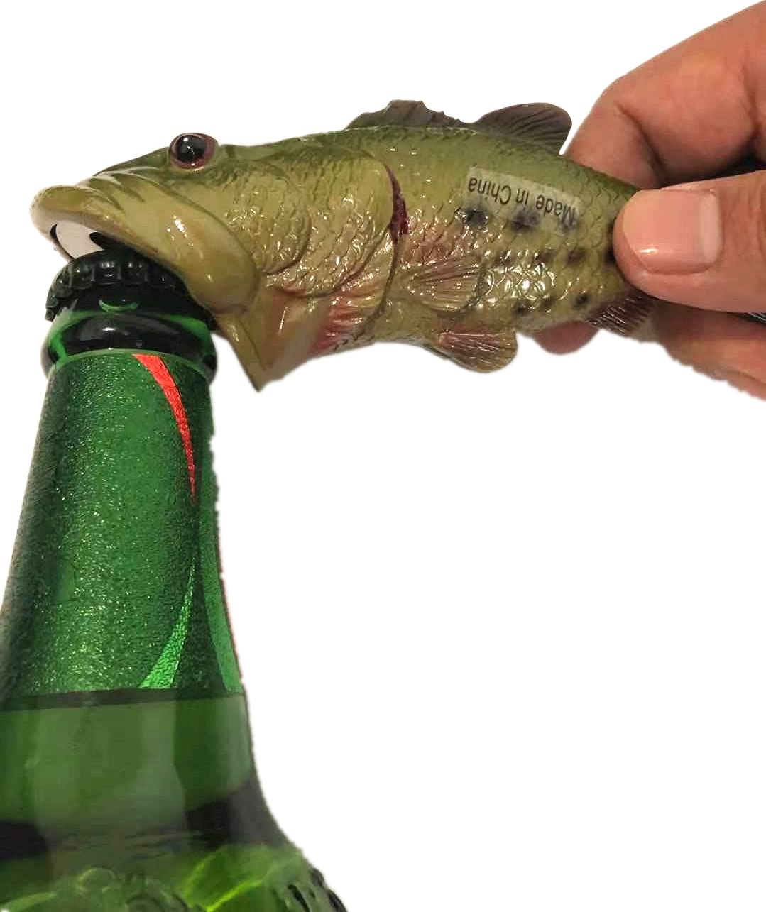 HYYF bass fish bottle opener green, decorative and functional kitchen accessory.