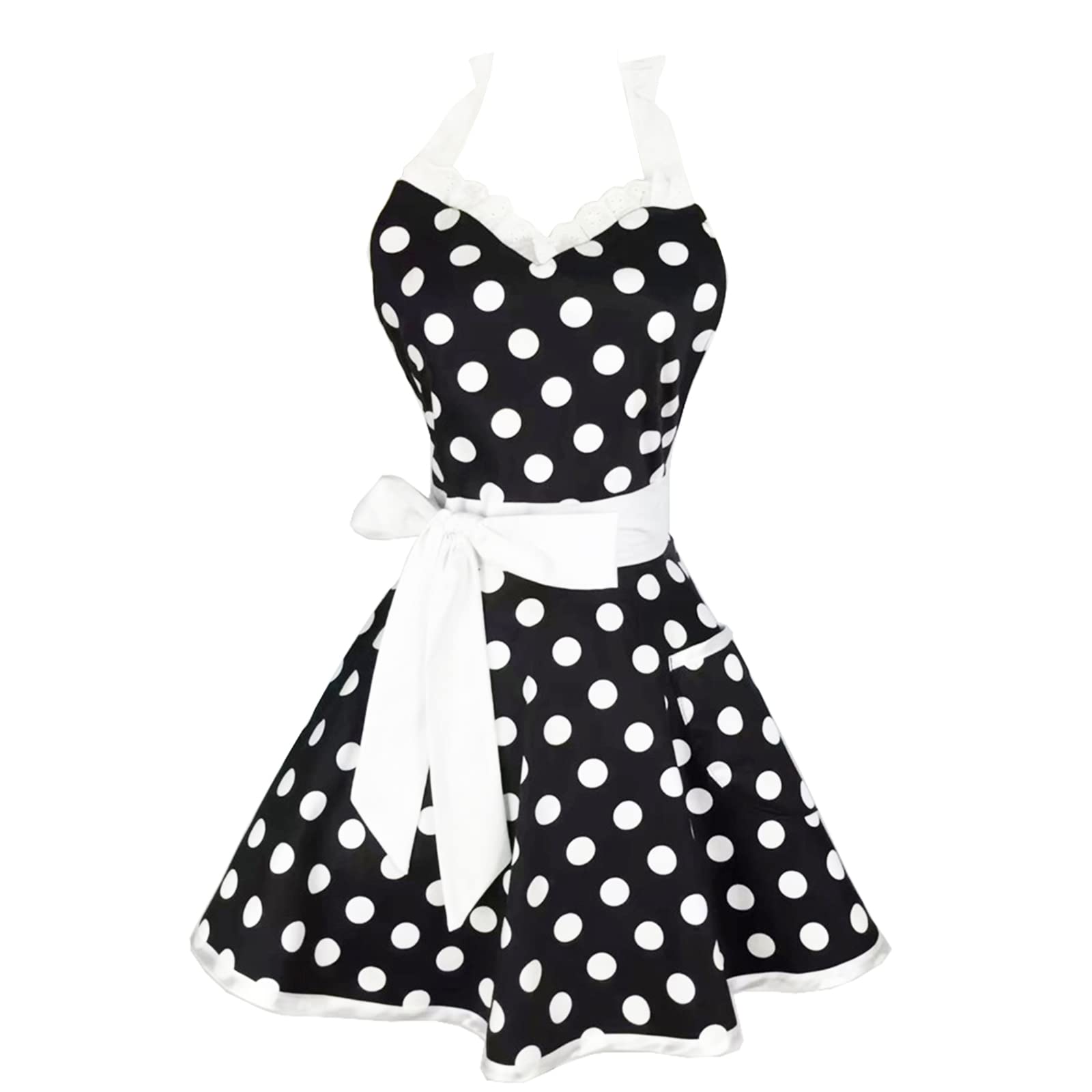 Hyzrz Lovely Sweetheart apron in black with polka dots, front view