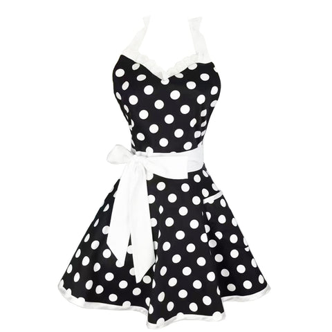 Hyzrz Lovely Sweetheart apron in black with polka dots, front view