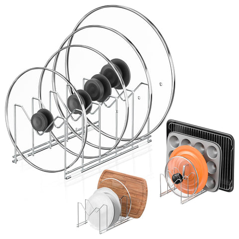 HzTinT 3-pack pot lid organizer in stainless steel for neat cabinet lid storage.