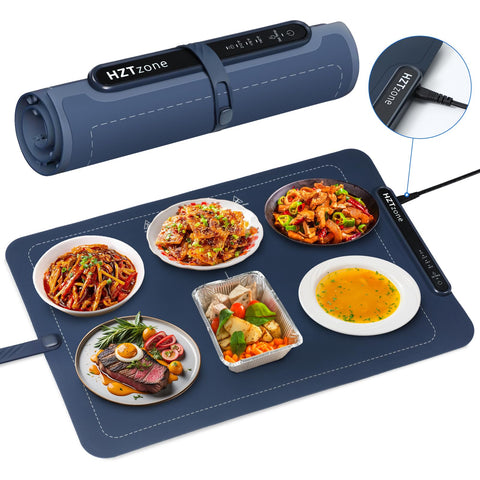 HZTzone electric warming mat setup shows full surface heat for multi dish buffets