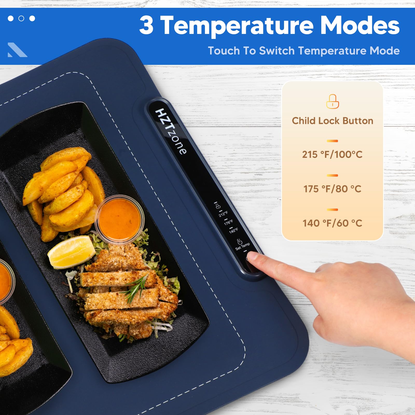 HZTzone warming mat demonstrates three modes for keeping food hot or gently melted