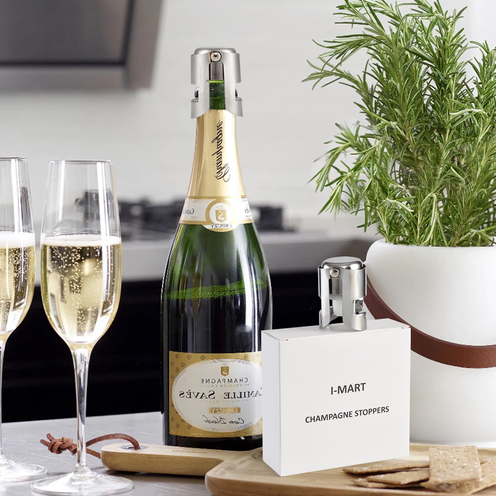 Close up of I-MART stainless steel champagne stopper showing polished finish