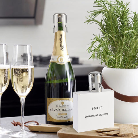 Close up of I-MART stainless steel champagne stopper showing polished finish