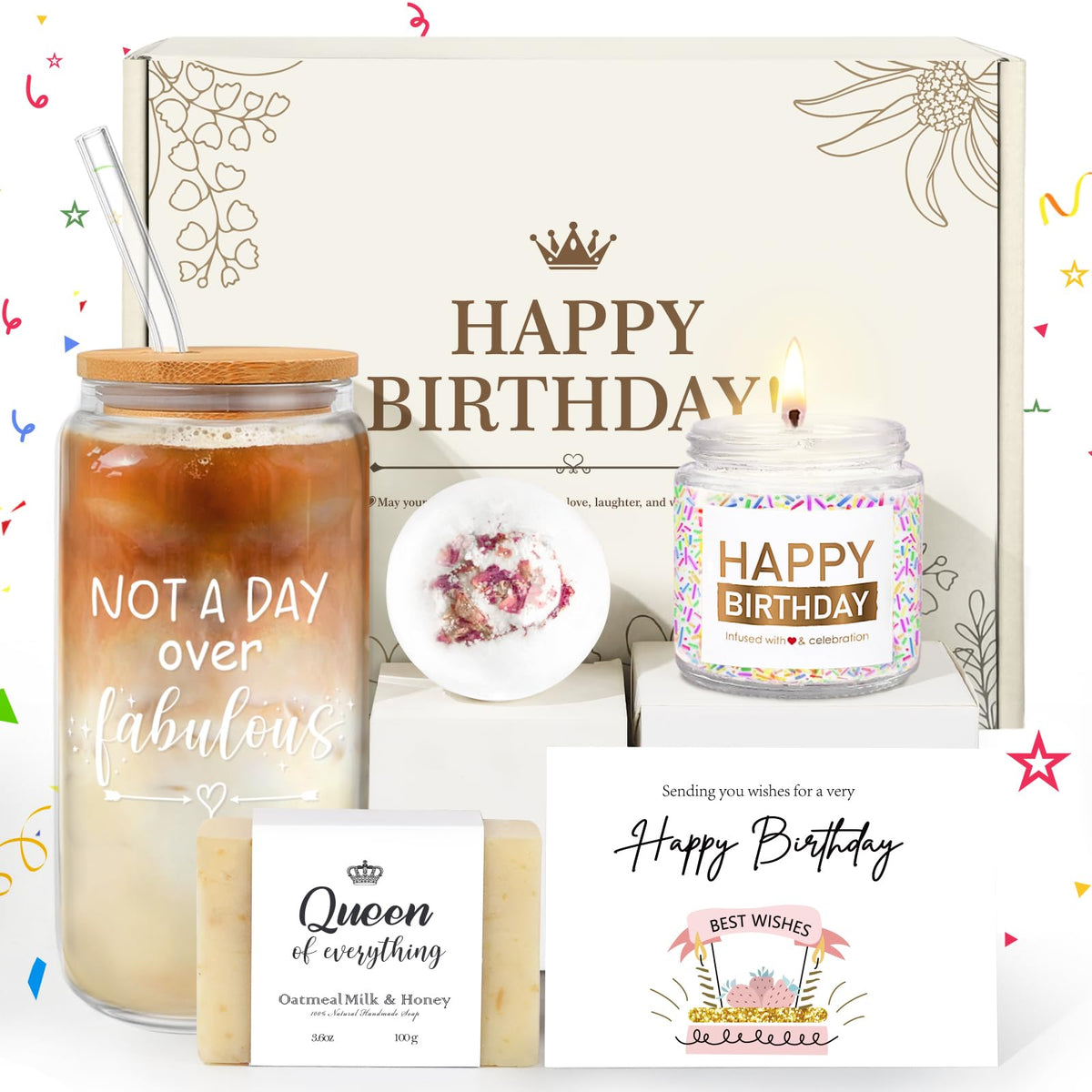 iaovueby birthday gift box glass cup with lid and straw for convenient celebrations
