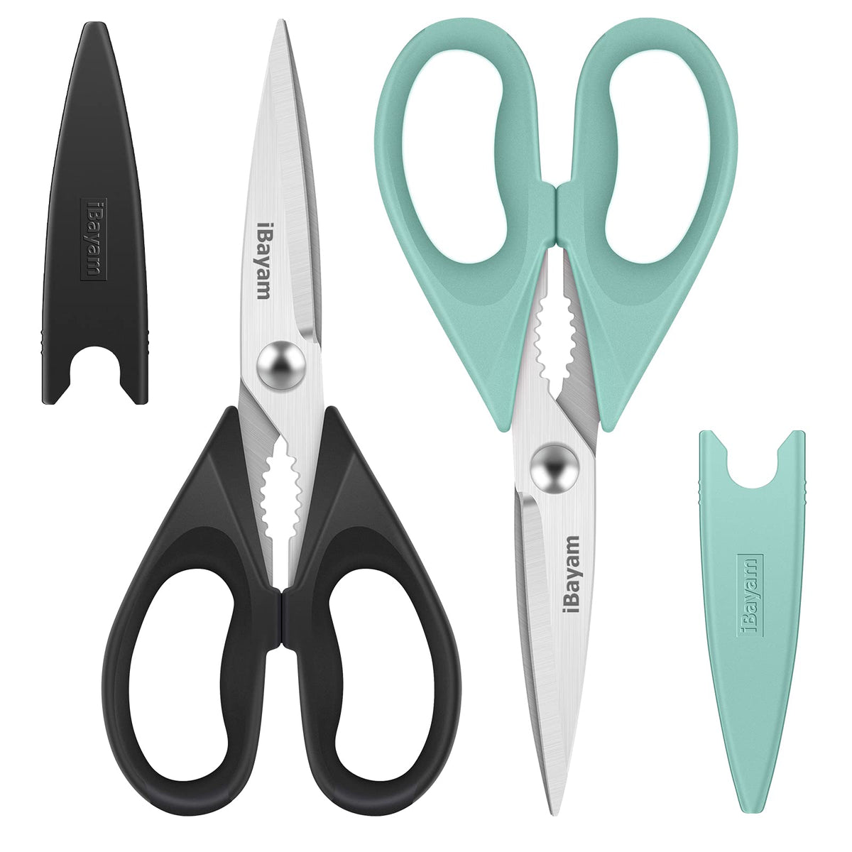 iBayam kitchen shears with 8.5-inch blades for fast, clean cuts in poultry, produce, and packaging.