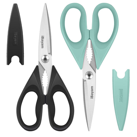 iBayam kitchen shears with 8.5-inch blades for fast, clean cuts in poultry, produce, and packaging.