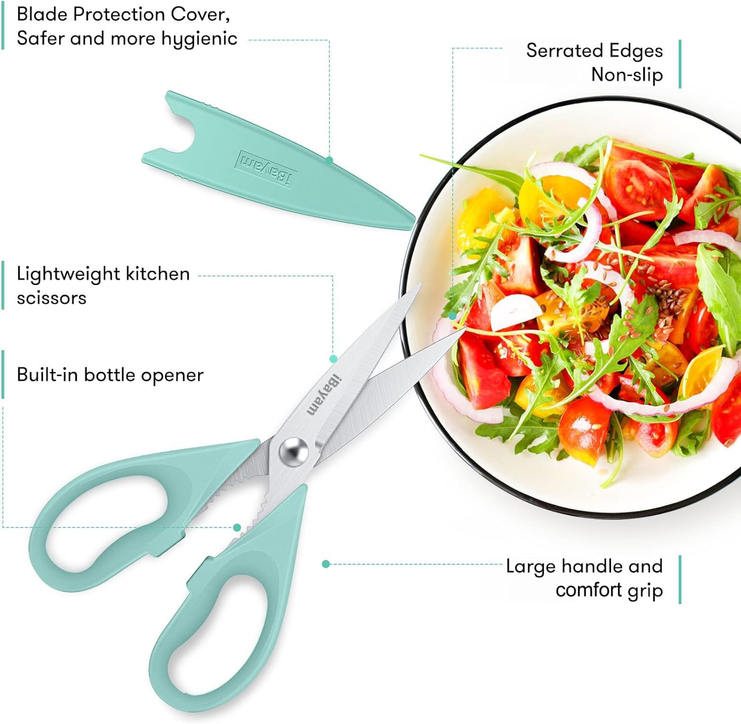 iBayam kitchen shears comfort grip supports steady cutting and reduced hand fatigue.