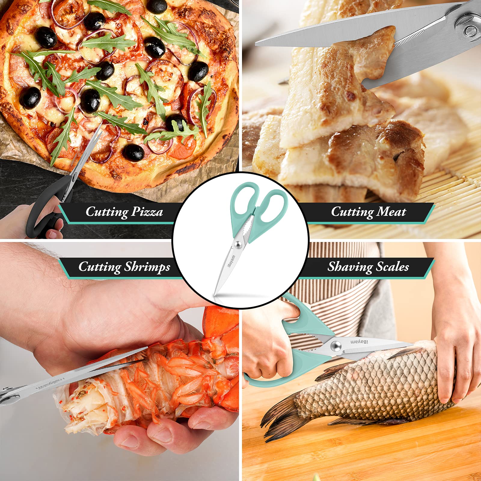 iBayam versatile kitchen scissors for food prep, crafts, and general use.