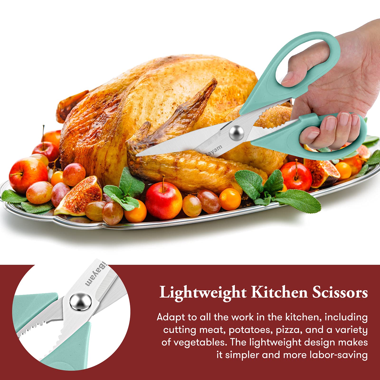iBayam stainless steel blades stay sharp through meat, herbs, and packaging tasks.