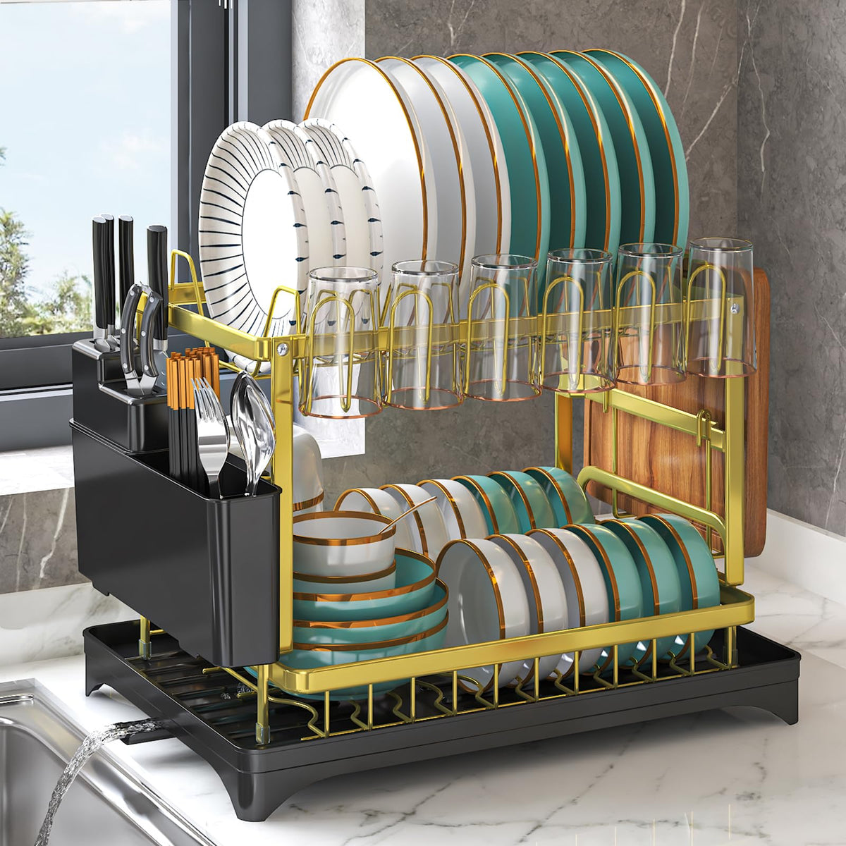 IBEDMAZIE gold 2-tier dish drying rack side view for organized counter space