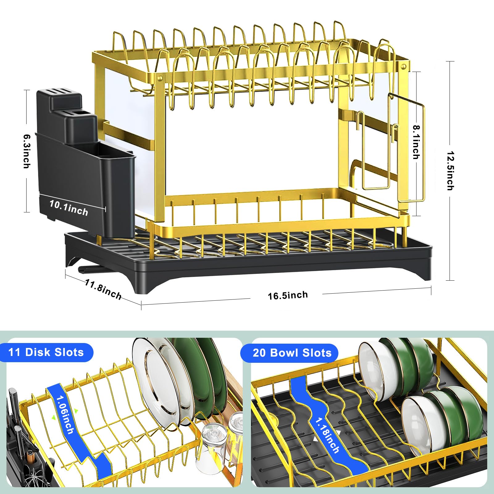 IBEDMAZIE gold rack with drainboard closeup showing built-in drainage