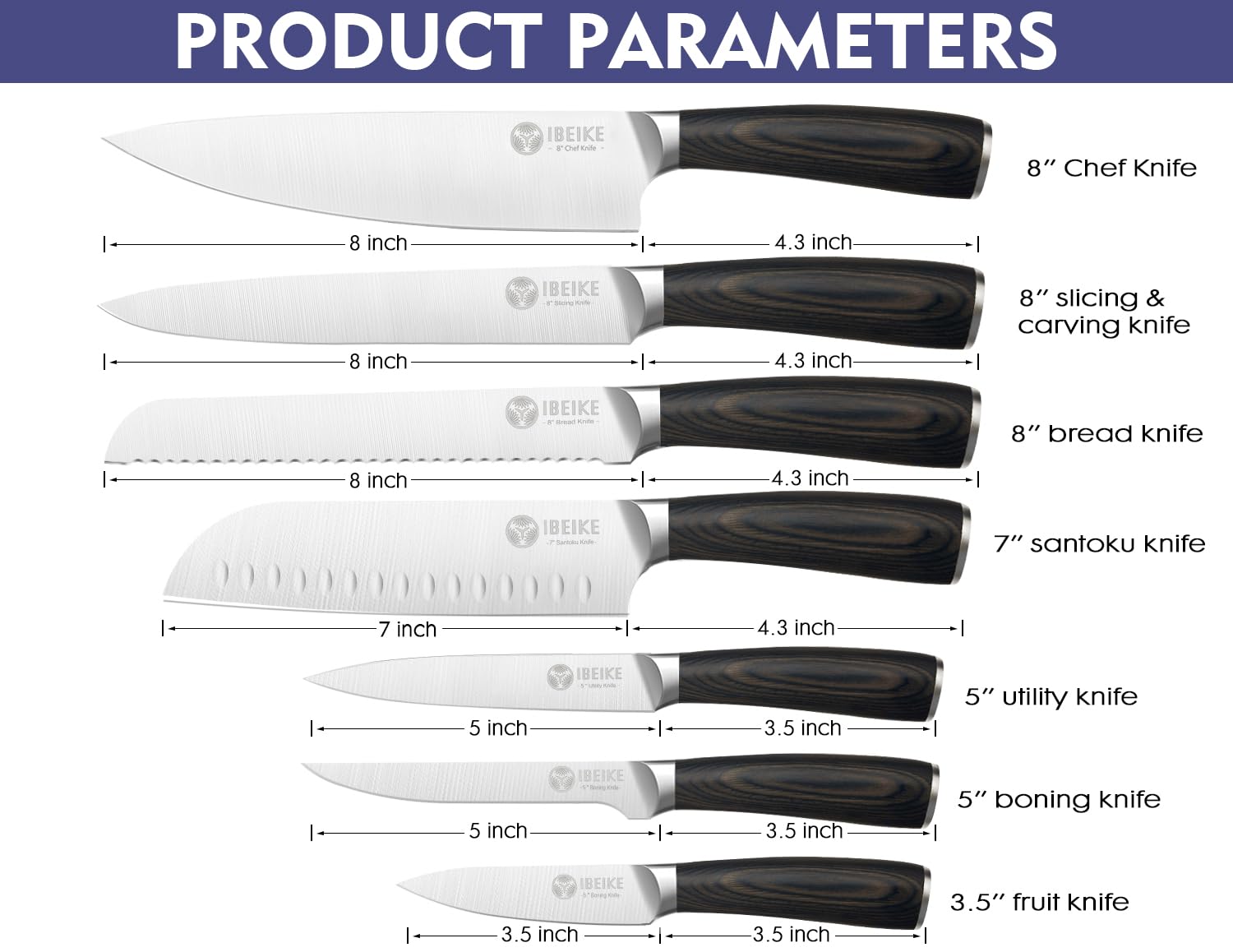 IBEIKE 8-inch bread knife close-up showing serrated edge for clean slicing