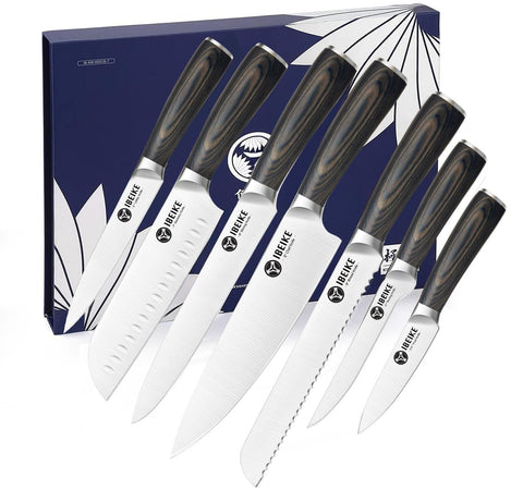 IBEIKE chef knife set with 8-inch edge close-up for precise chopping