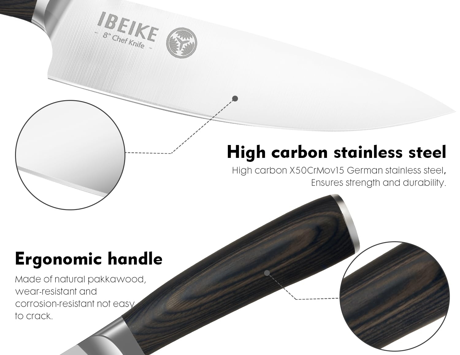 IBEIKE 7-inch santoku knife with full tang and ergonomic handle close-up