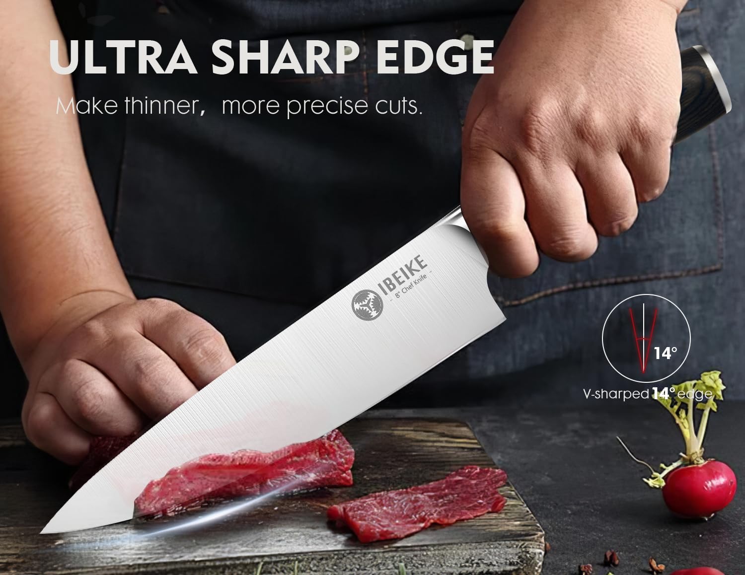 IBEIKE 8-inch slicing knife close-up highlighting even, clean slices