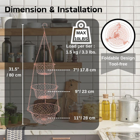 IBERG 3-Tier Hanging Basket middle view highlights organized produce within easy reach.
