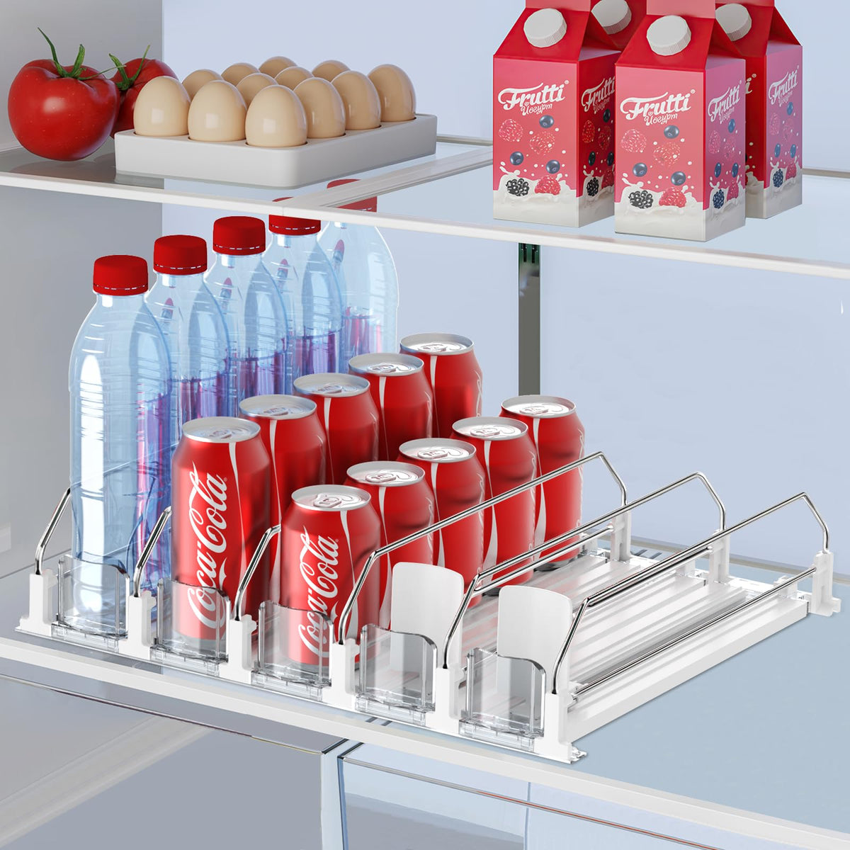 IBORING drink organizer fridge front view showing five-row capacity for cans.