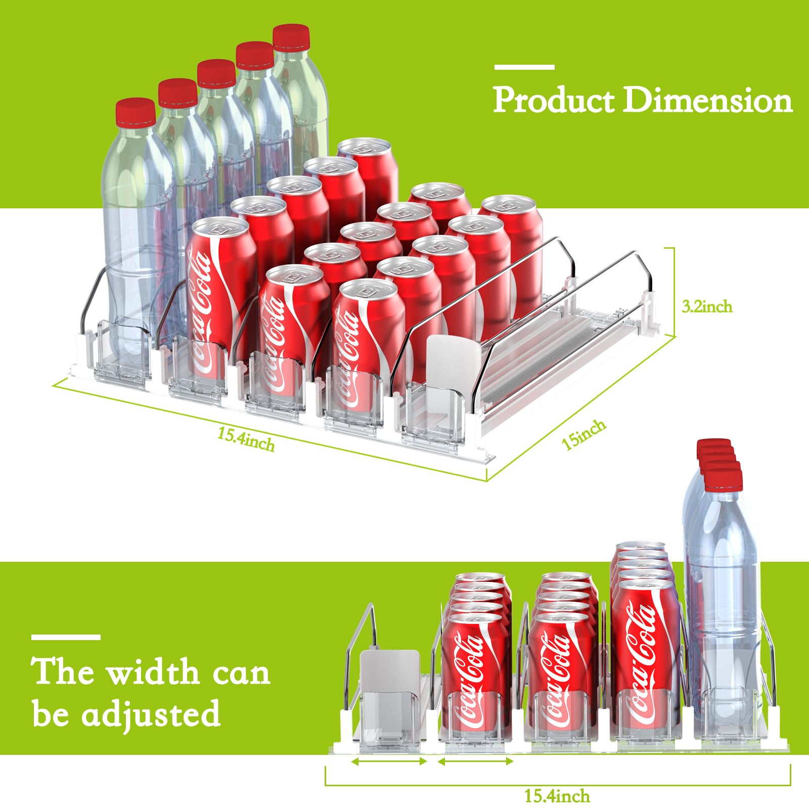 Variety of drinks organized neatly including juice and soda.
