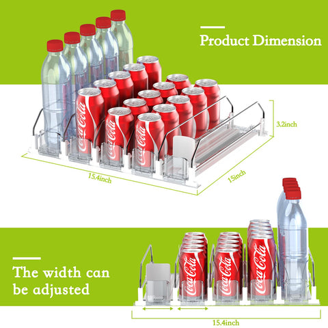 Variety of drinks organized neatly including juice and soda.