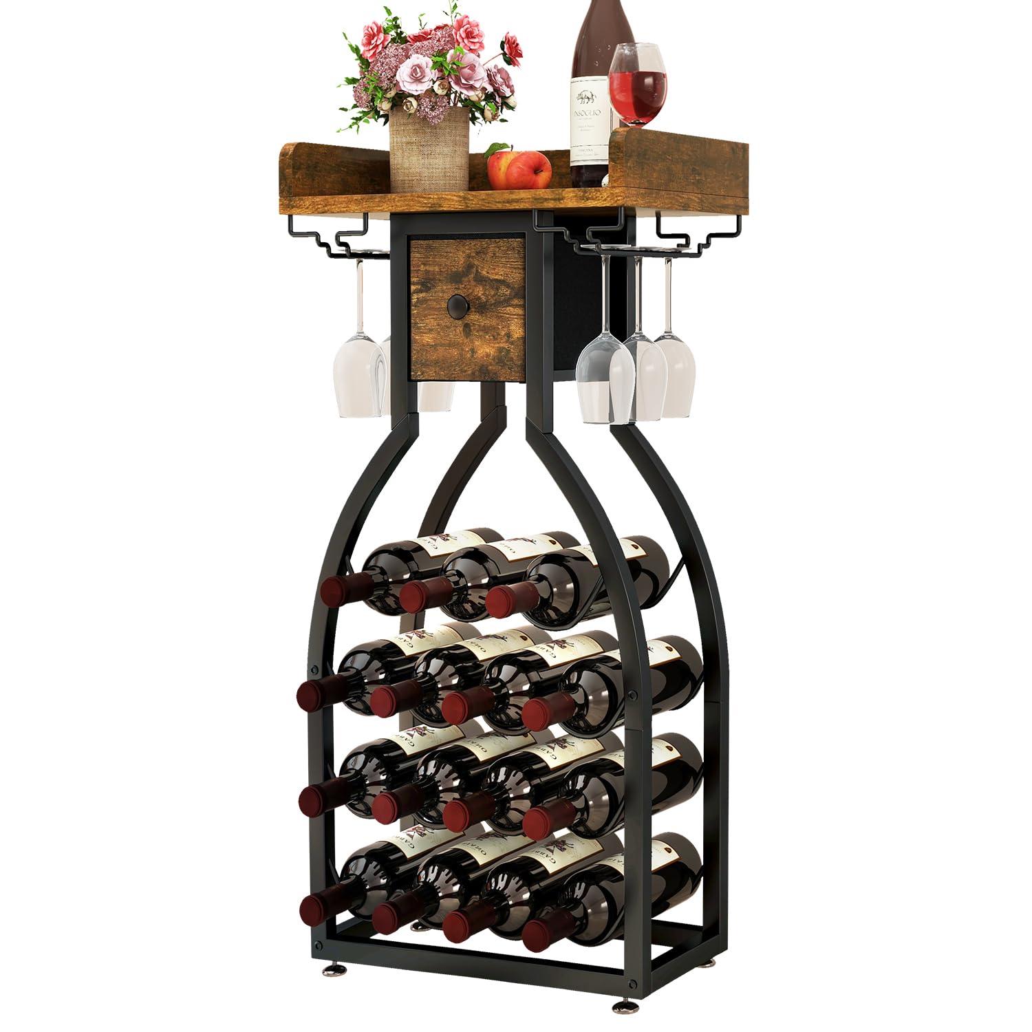 IBUYKE wine rack front view shows 15 bottle capacity for organized storage.