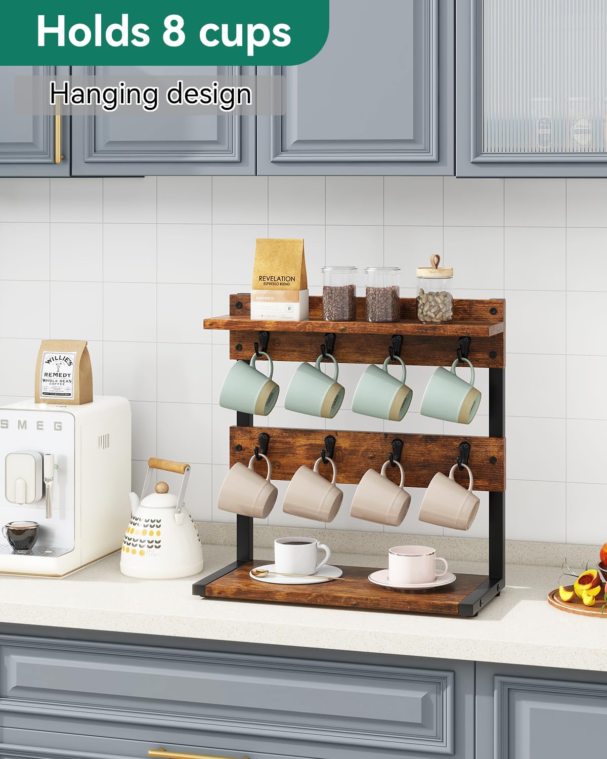 IBUYKE mug-tree shows assembly-ready setup for simple countertop organization.