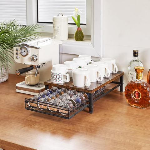 IBUYKE rustic brown counter organizer with top surface for small appliances.