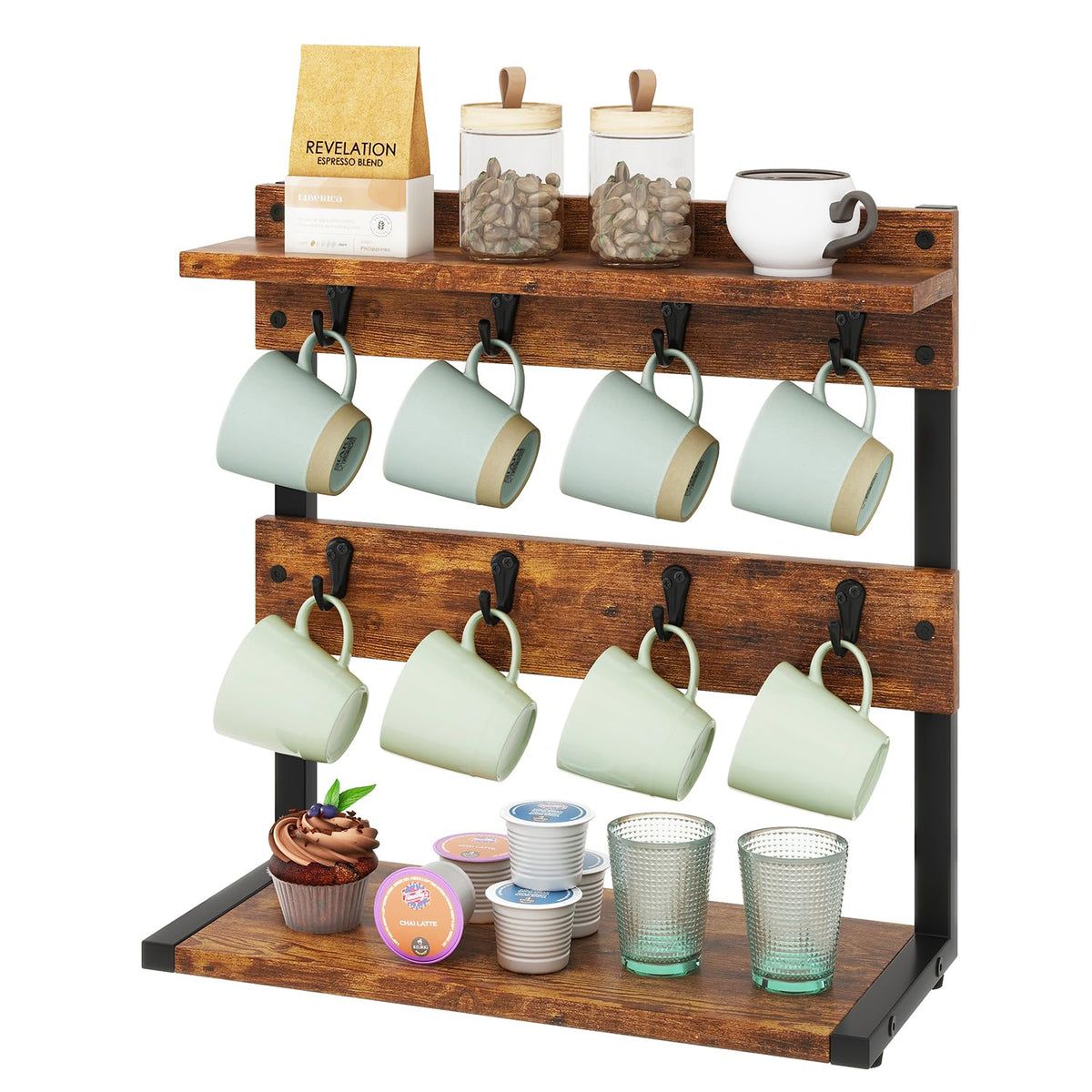 IBUYKE rustic coffee mug holder stand with a 2-tier design for organized countertops.