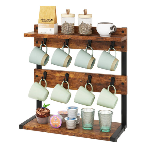 IBUYKE rustic coffee mug holder stand with a 2-tier design for organized countertops.