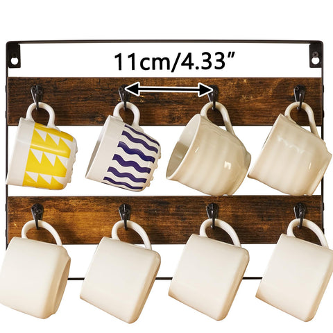 IBUYKE rustic wood mug holders wall display for stylish kitchen organization.