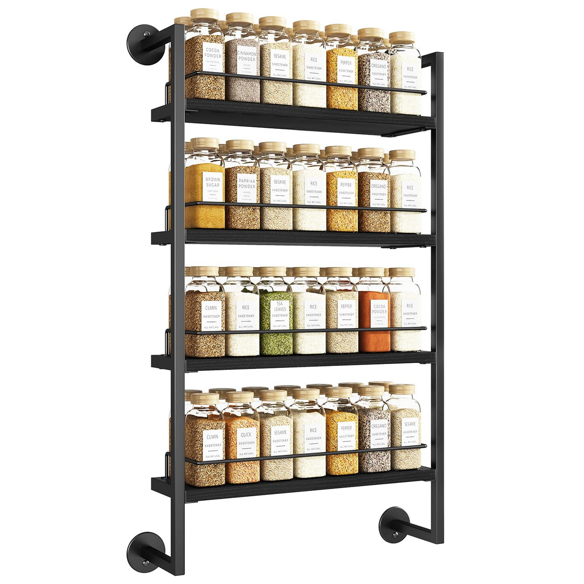 IBUYKE wall-mount four-tier spice rack shows organized jars and ready-to-use spices