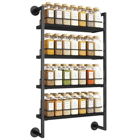 IBUYKE wall-mount four-tier spice rack shows organized jars and ready-to-use spices
