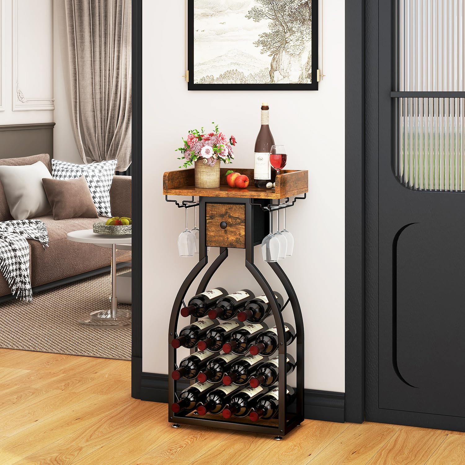 IBUYKE wine rack top with six glass holders keeps stems accessible.