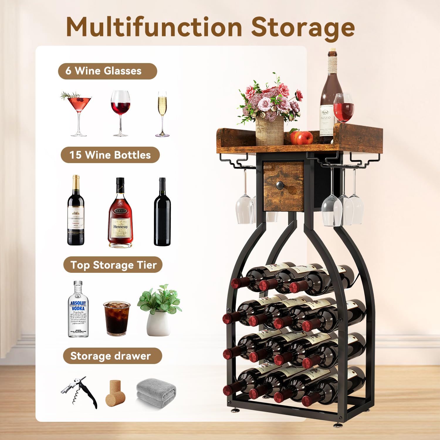 IBUYKE wine rack side angle highlights sturdy frame and finish.