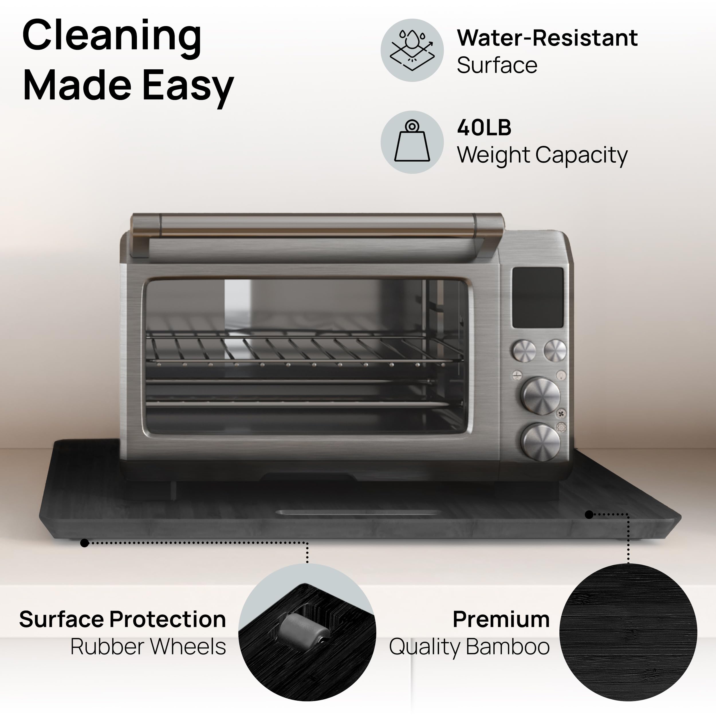 Ibyx bamboo design tray adds elegant, durable storage for large appliances.