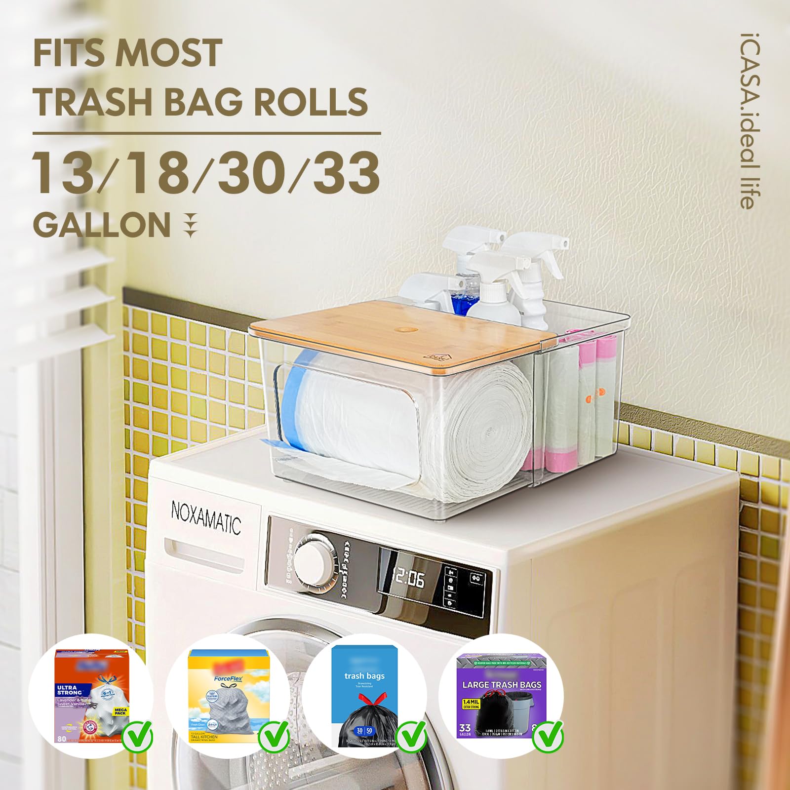 iCASA large-roll compatibility supports up to 100 bags for 13–33 gallon sizes